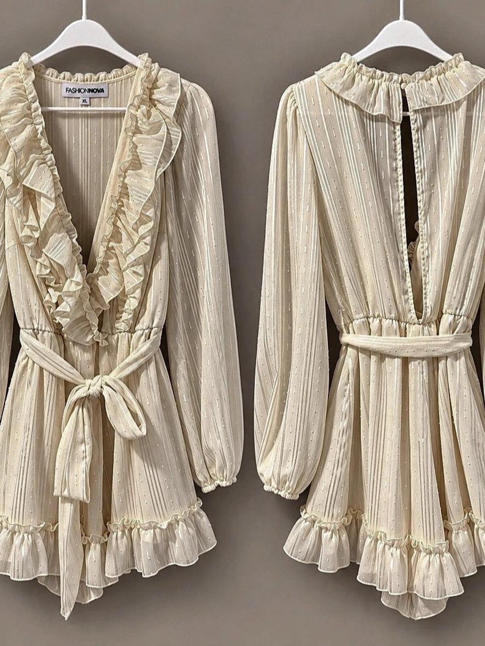 Fashion Nova Clancy Chiffon Ruffle Romper Cream